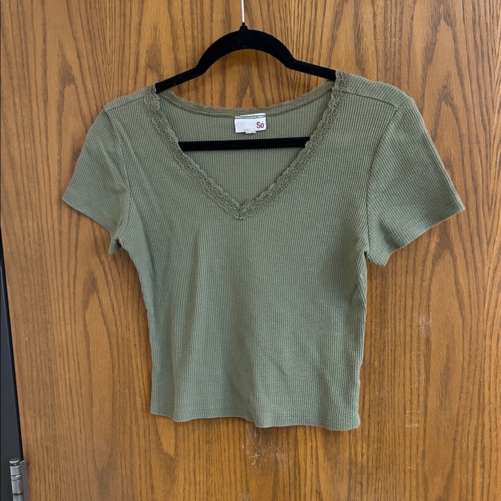 SO Olive V-Neck Lace Trim Tee